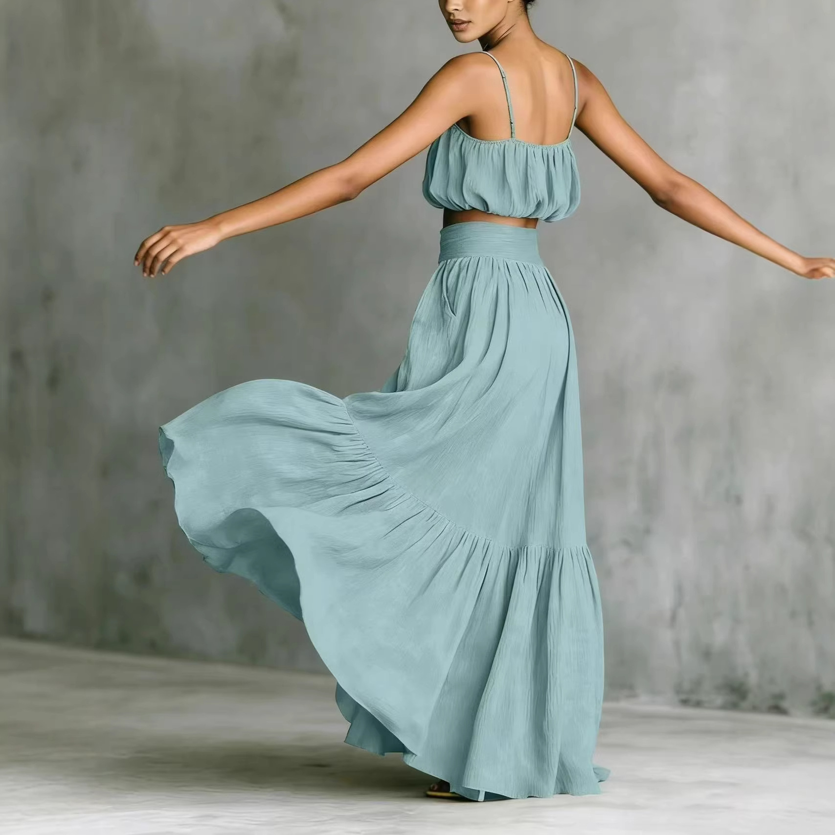 Boho Summer Beach Maxi Dress - Damen Sommer 2-teiliges Outfit Gerüschtes Crop-Top