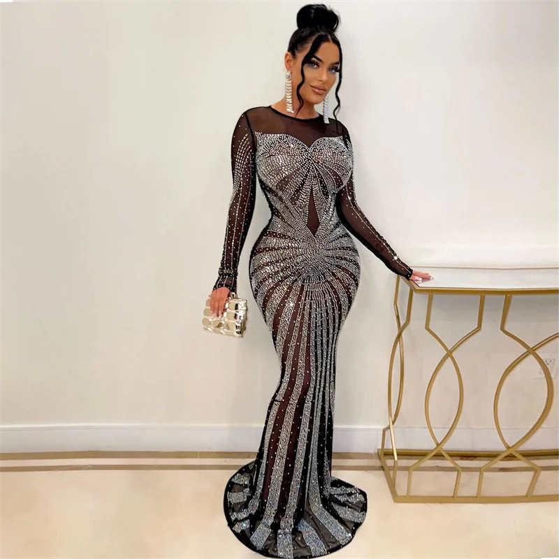 Sexy Mesh Sheer Bodycon Dress - Sexy Sparkly Kristall Strass Meerjungfrau Abendkleider