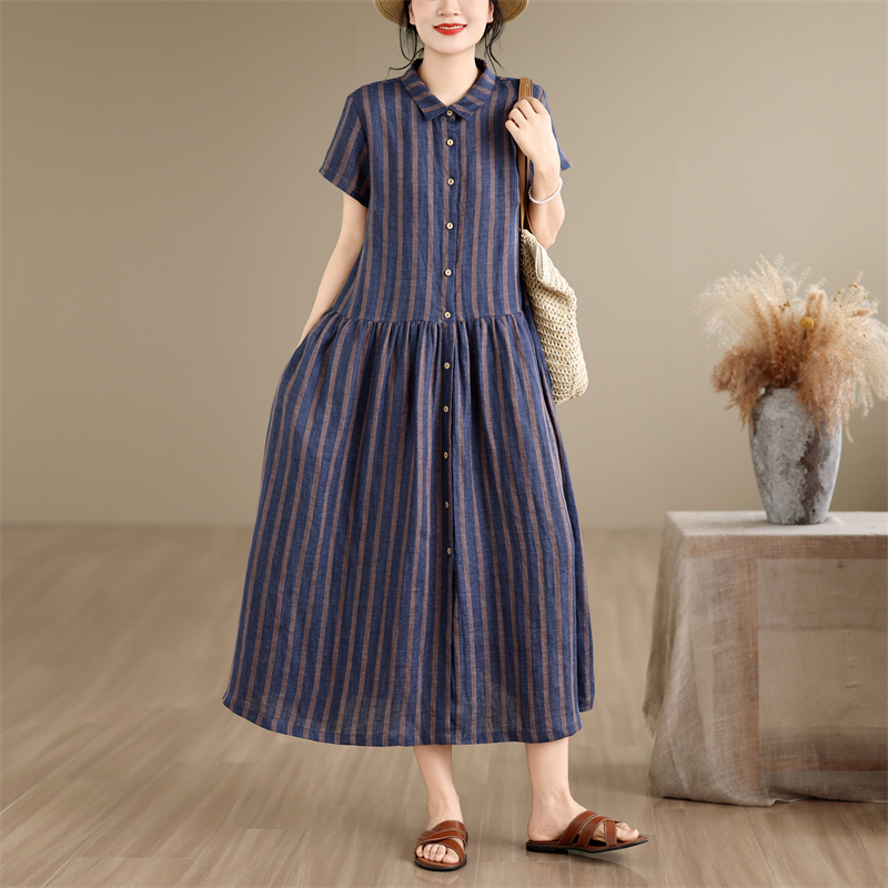 Casual Loose Linen Shirt Dress - Baumwoll-Leinen-Hemdkleid mit Streifenmuster, mittellang, lockerer Schnitt,