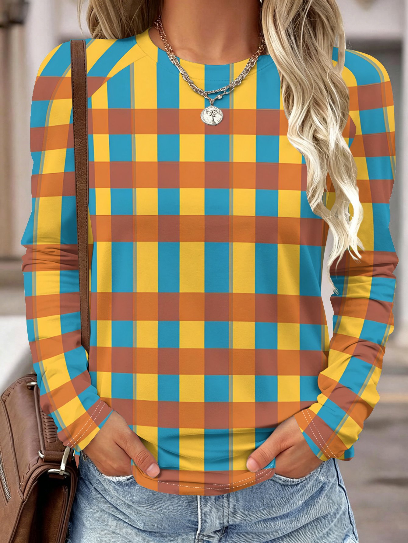 Blouses - Damen Langarmshirt Gelb Blau Braun Kariert