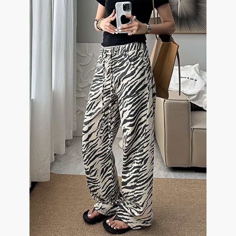 Jeans - Zebra-Muster Damen-Jeans, Vintage, gerade geschnittene, weite