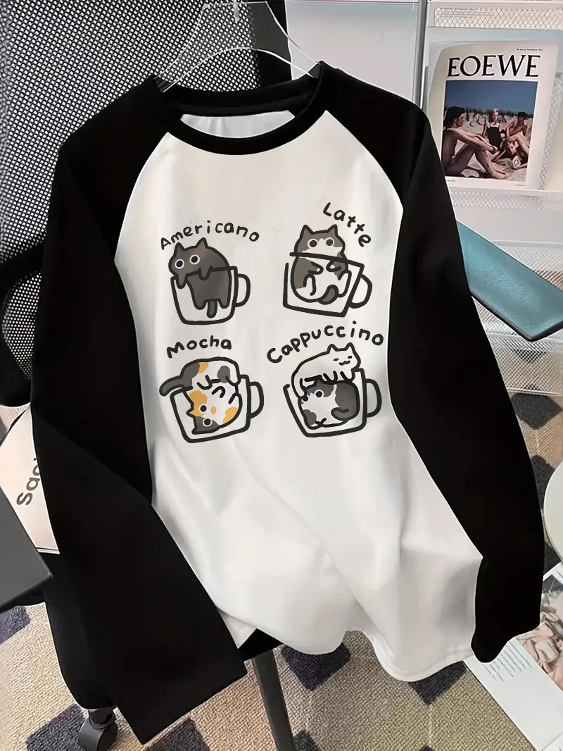 Blouses - Kaffee-Katze Langarm-T-Shirt, bedrucktes Shirt, lustiges Hip-Hop-90er-T-Shirt,